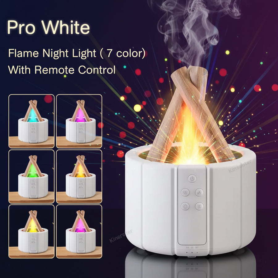White flame night light with remote control on a wooden surface, featuring seven color options.