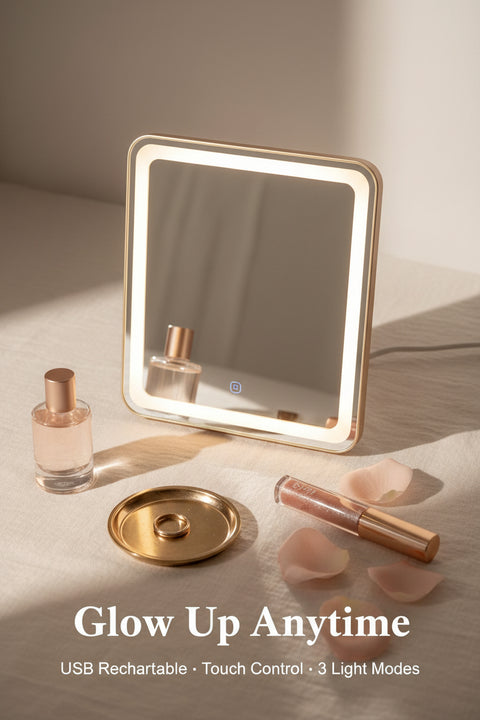 Lighted mirror with USB rechargeable feature and touch button for adjusting brightness.