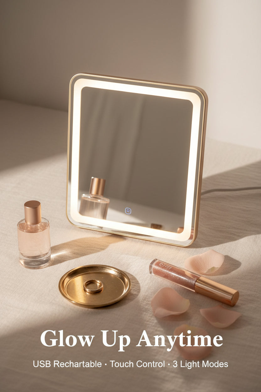 Lighted mirror with USB rechargeable feature and touch button for adjusting brightness.