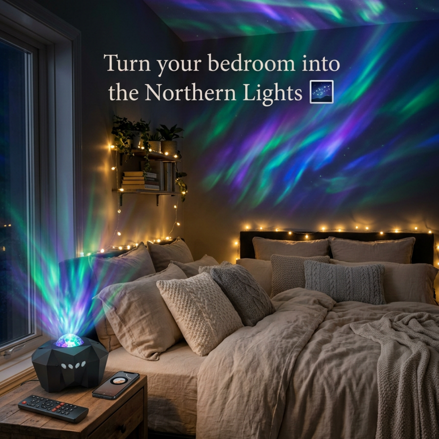 Bedroom with colorful light projection on the wall, creating a cozy and futuristic atmosphere.