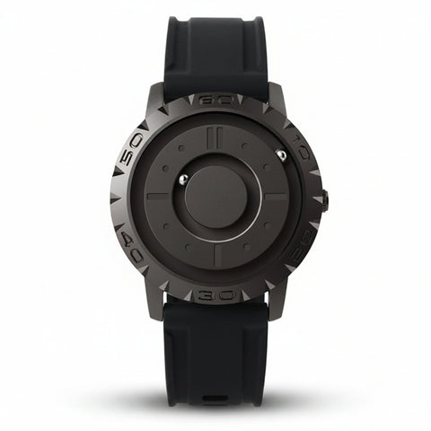 Black watch with a unique design on a white background