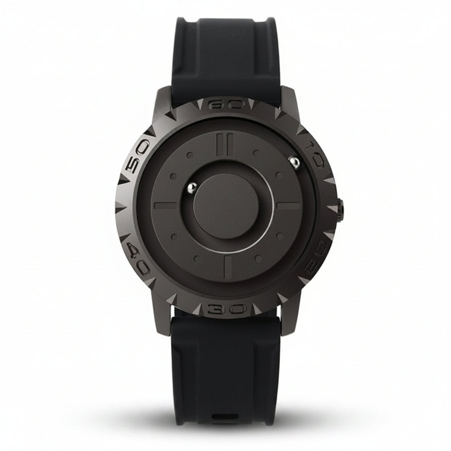 Black watch with a unique design on a white background