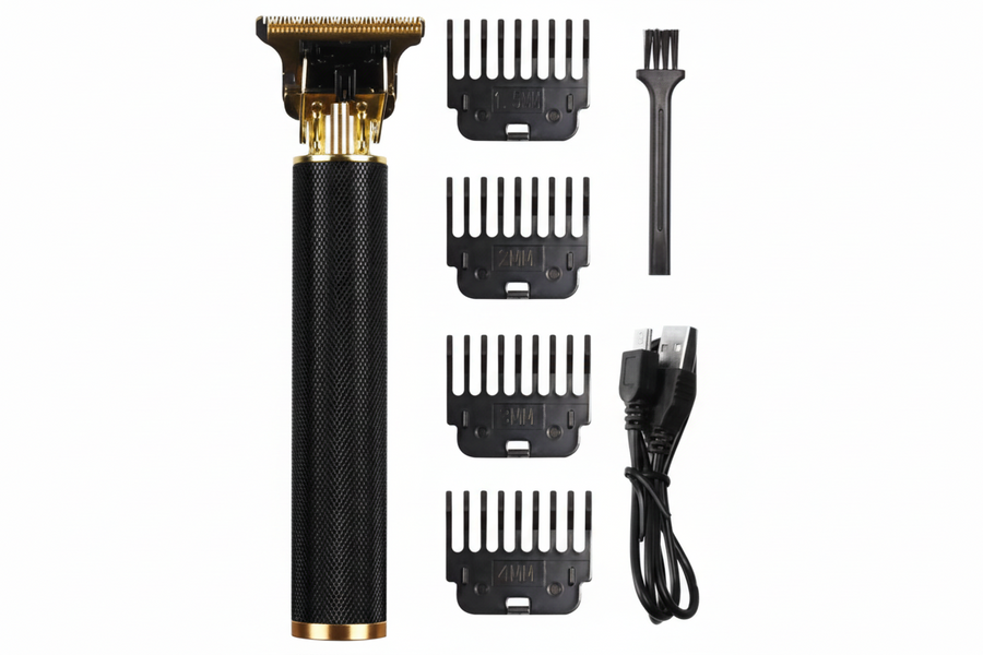 Hair trimmer set with attachments and charging cable on a white background