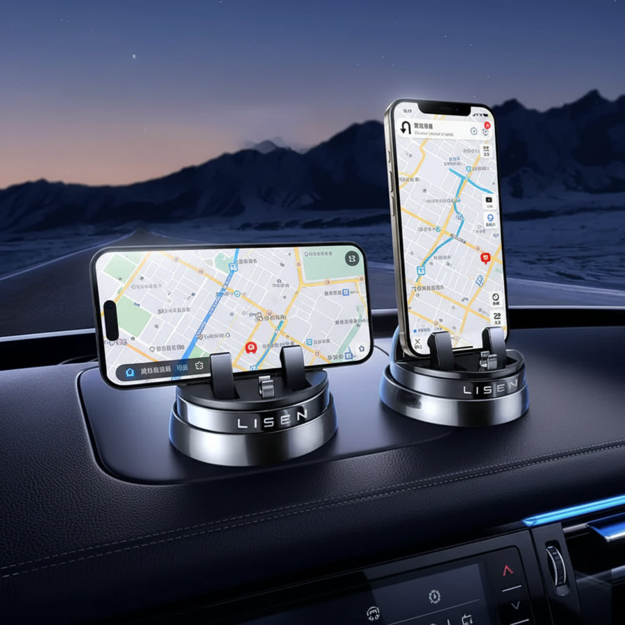 Car phone holder with 360-degree rotation feature on a car dashboard.