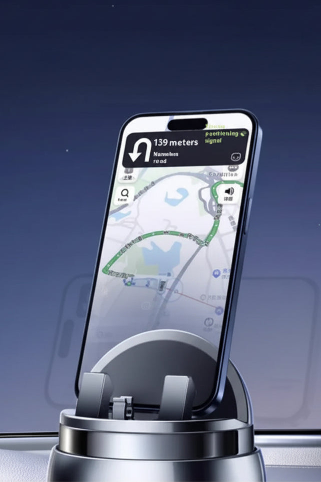 Phone mount with smartphone displaying navigation app on a dark background, featuring the brand 'Lisen'.