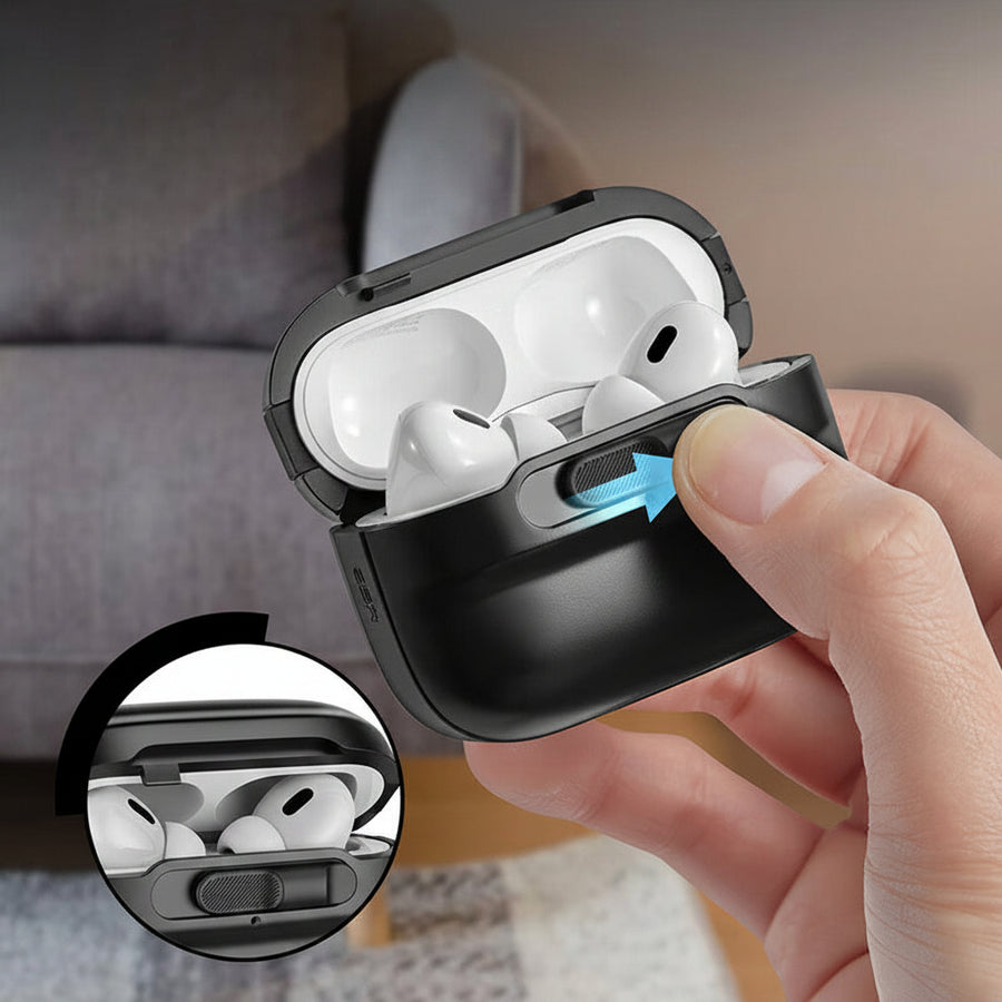 Person opening a black wireless earbuds case with text on a blurred background