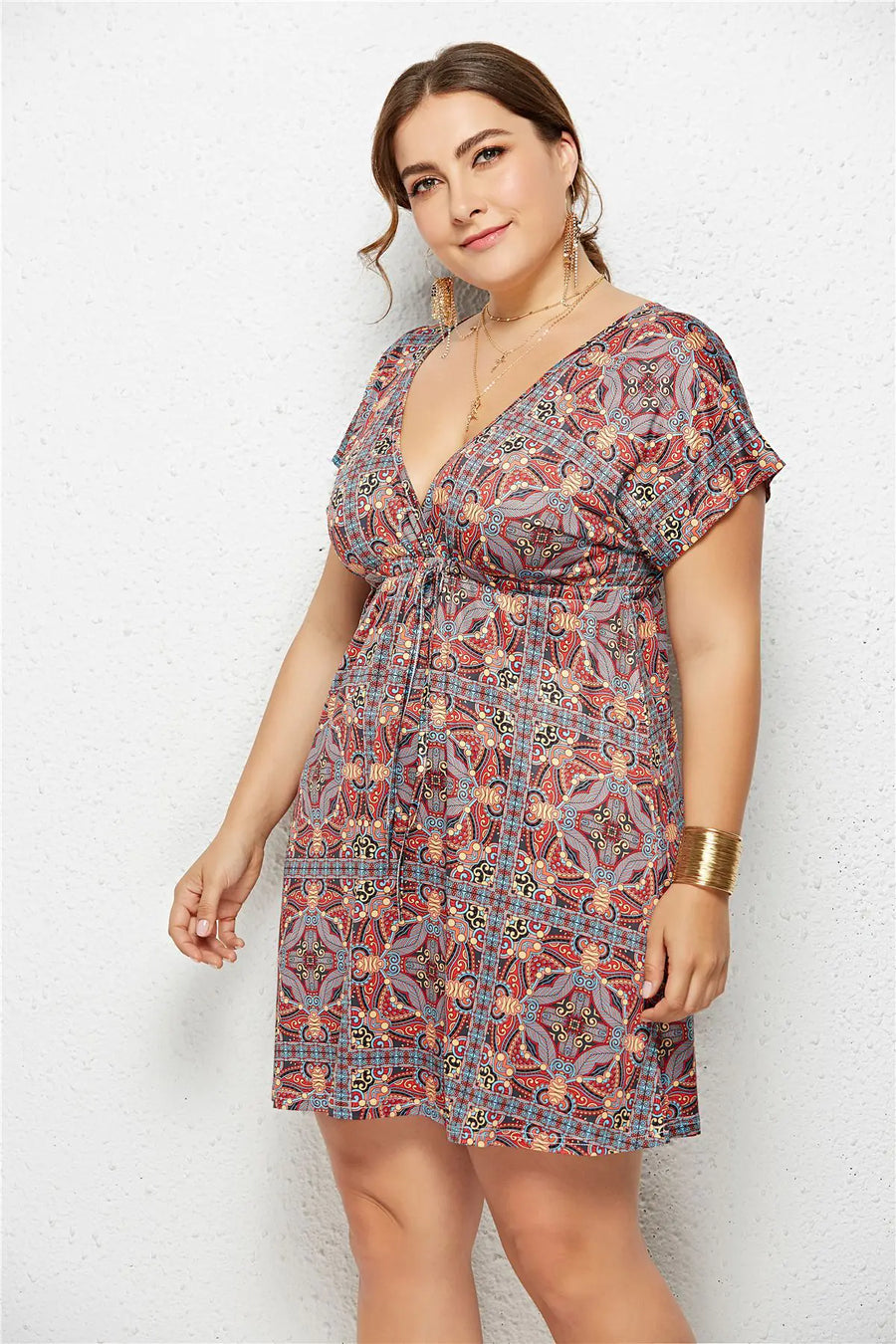 Elastic Waist V-Neck Printed Dress