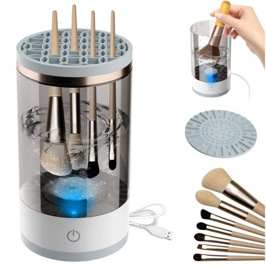 Makeup brush cleaner with brushes and cleaning solution, USB cable included.