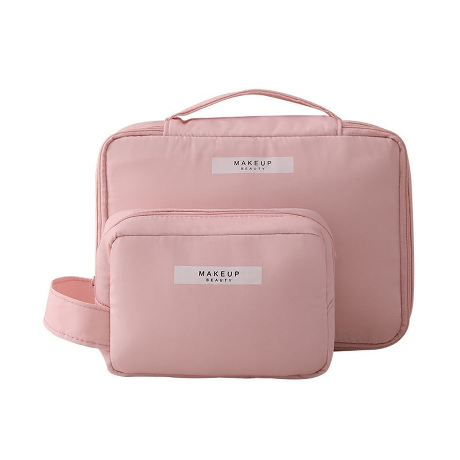 Pink makeup bags with 'MAKEUP BEAUTY' labels on a white background