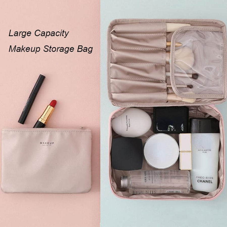 Large capacity makeup storage bag with cosmetic items on a light blue background