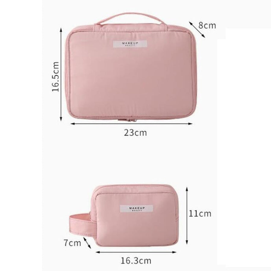 Pink makeup bag with dimensions labeled on a white background