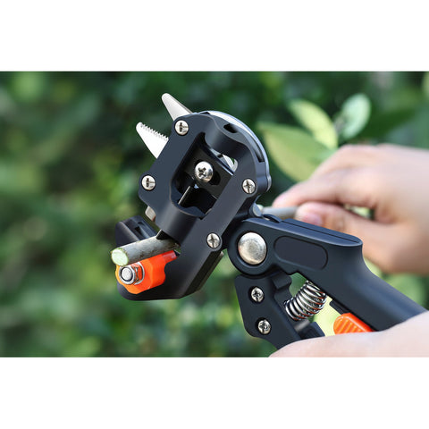 Multi-functional horticultural grafting tool with text on a blurred green background