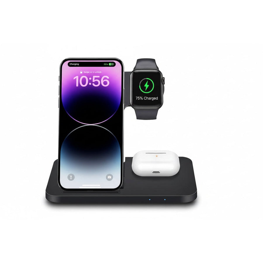Wireless charging station with smartphone, smartwatch, and wireless earbuds on a white background