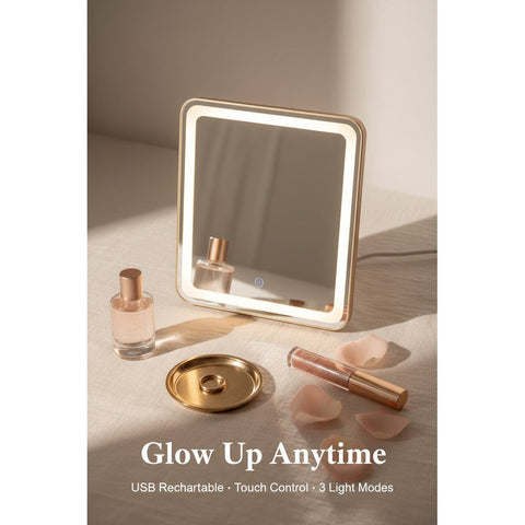 Lighted mirror with USB rechargeable feature and touch button for adjusting brightness.