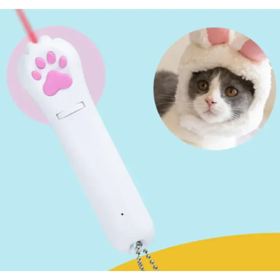 Cat toy with paw design and a cat wearing a cone on a blue background
