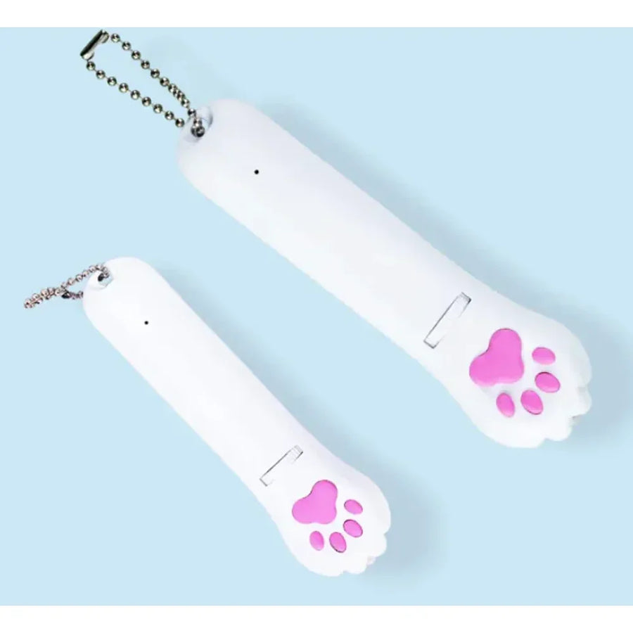 Two white nail polish bottles with pink paw prints on a light blue background