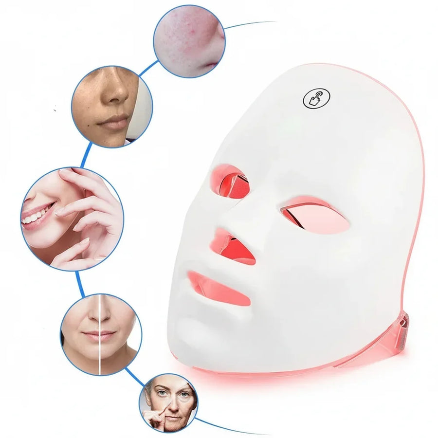 LED face mask with skin condition illustrations on a white background
