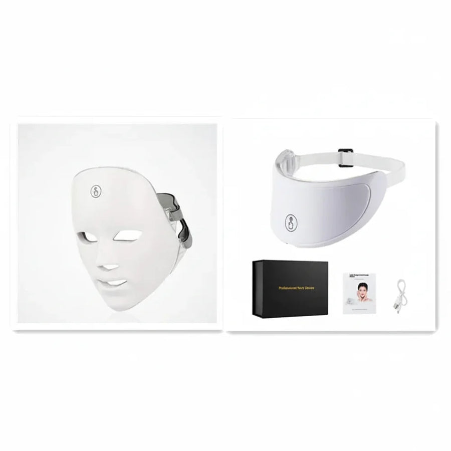 White LED face mask with packaging and accessories on a white background