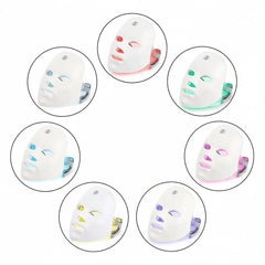 Multiple views of a white LED face mask with colorful lighting on a white background