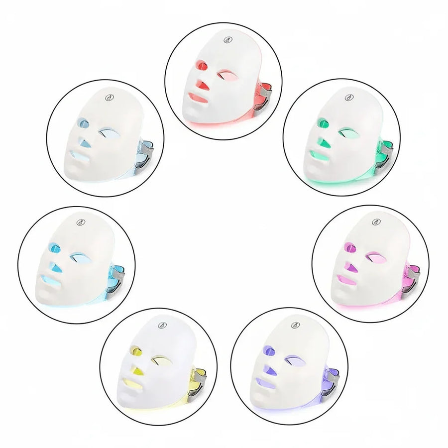 Multiple views of a white LED face mask with colorful lighting on a white background