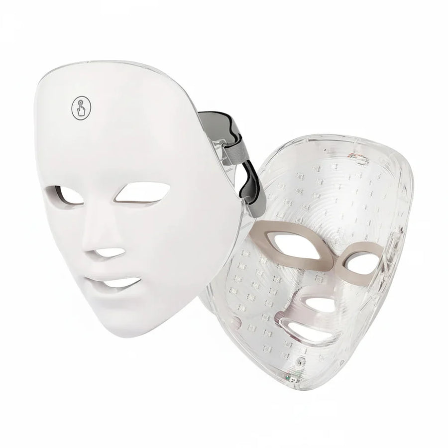 White LED face mask with clear side panel on a white background