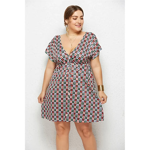 Elastic Waist V-Neck Printed Dress