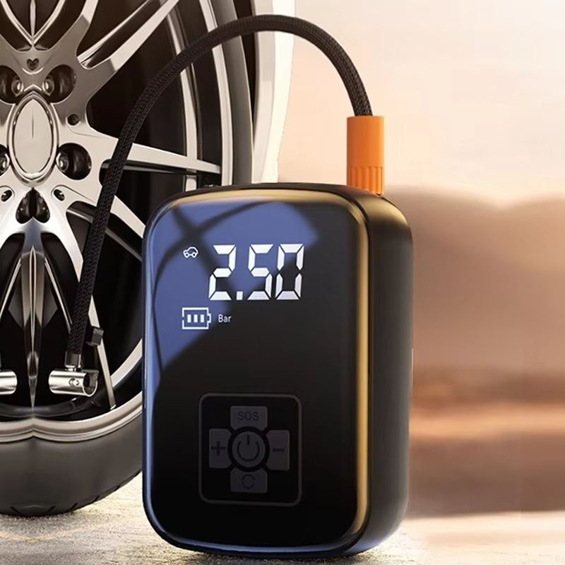 Digital air pump with tire on a blurred background