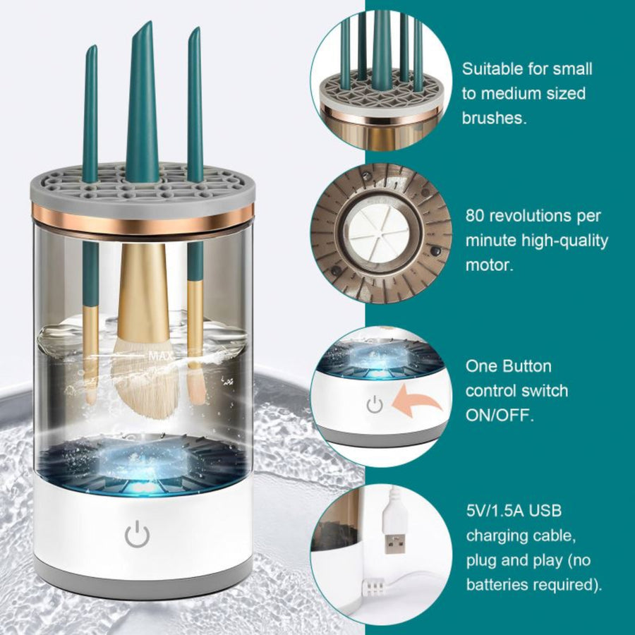 Brush cleaning device with features highlighted on a teal background