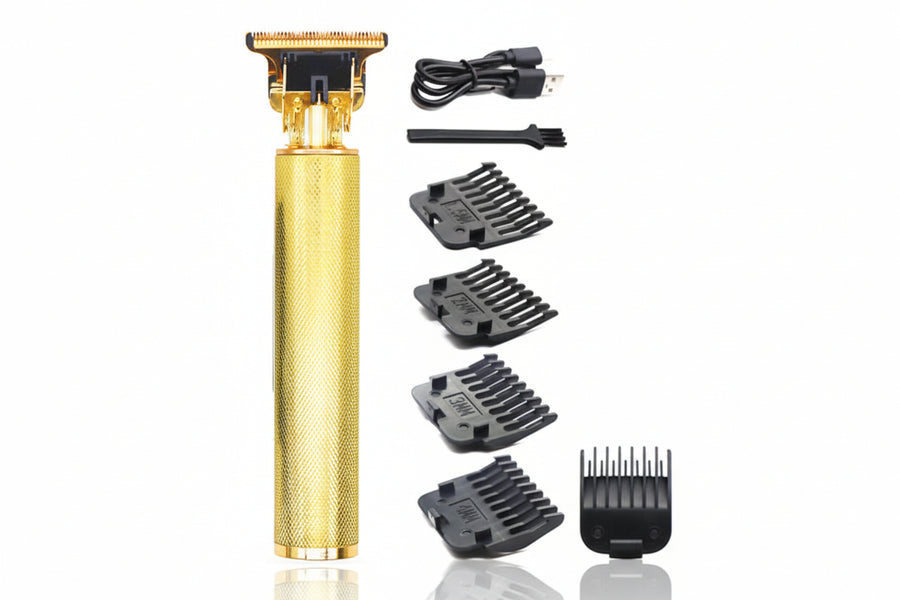 Gold hair trimmer with attachments and packaging on a white background
