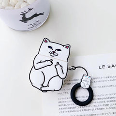 Cat-shaped product with a black strap on a white surface