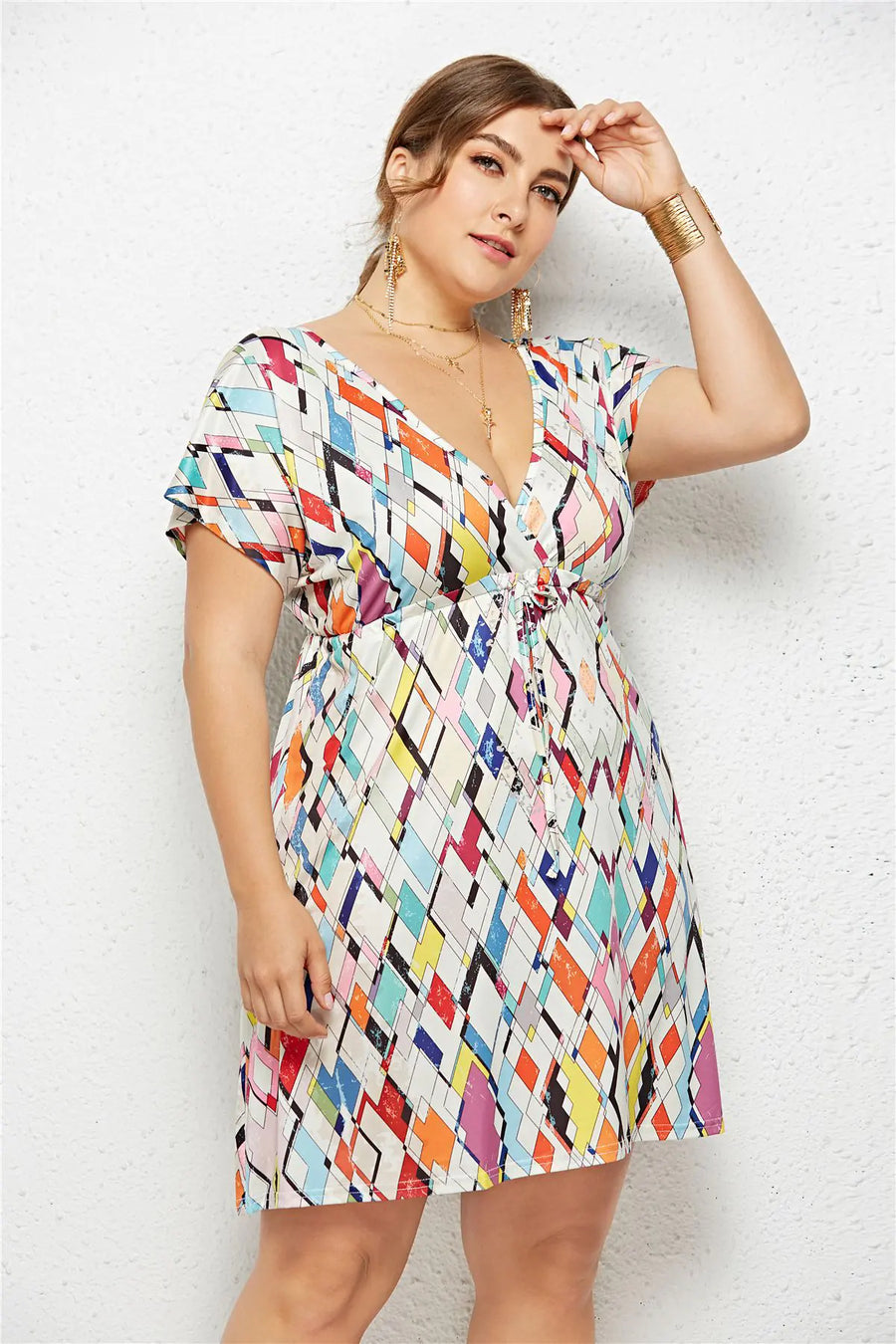 Elastic Waist V-Neck Printed Dress
