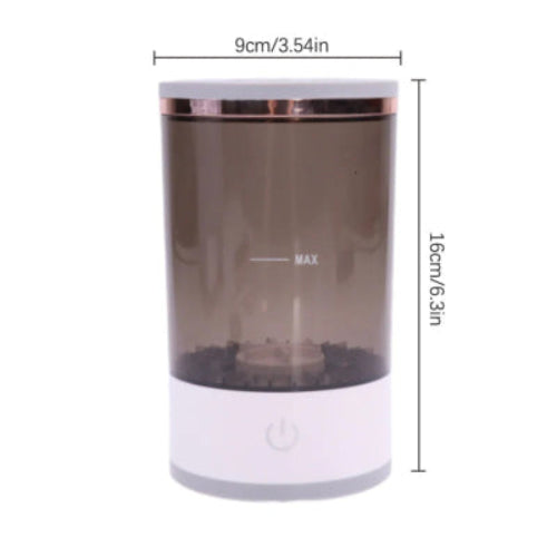 Transparent container with rose gold lid and white base, showing dimensions on a white background