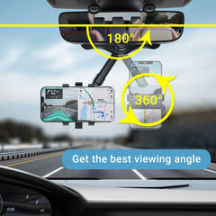 Car dashboard with a smartphone mount displaying navigation, with text indicating viewing angles.