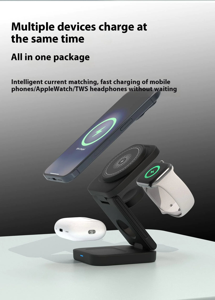Multi-device wireless charging stand with smartphone, Apple Watch, and TWS headphones on a white surface.