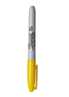 Sharpie marker with yellow body and gray cap on a white background