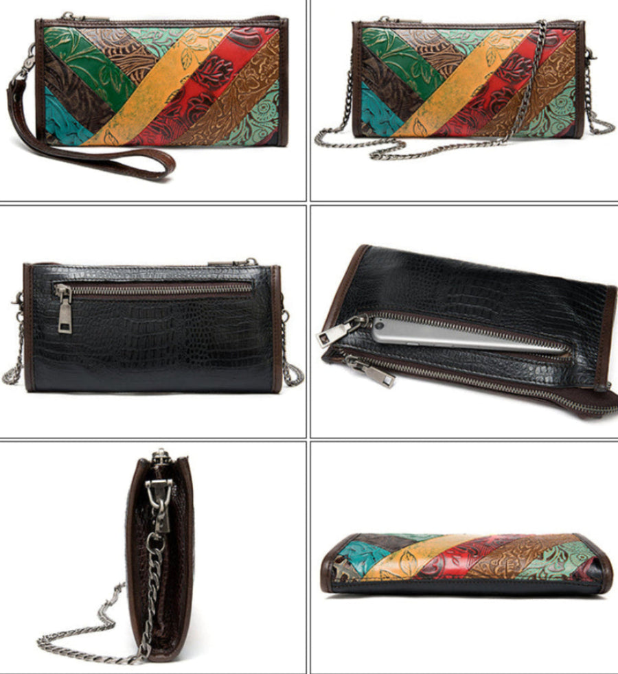 Collage of leather handbags with colorful patterns and black designs.