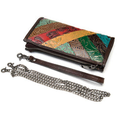 Multicolored leather wallet with a chain on a white background