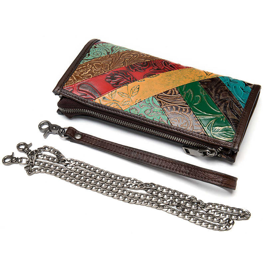 Multicolored leather wallet with a chain on a white background
