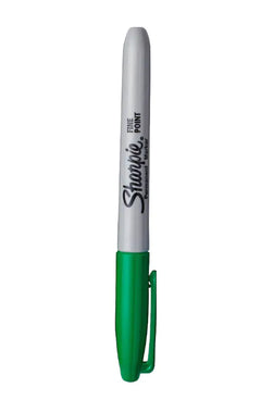 Green Sharpie marker with packaging displaying model number and features on a white background