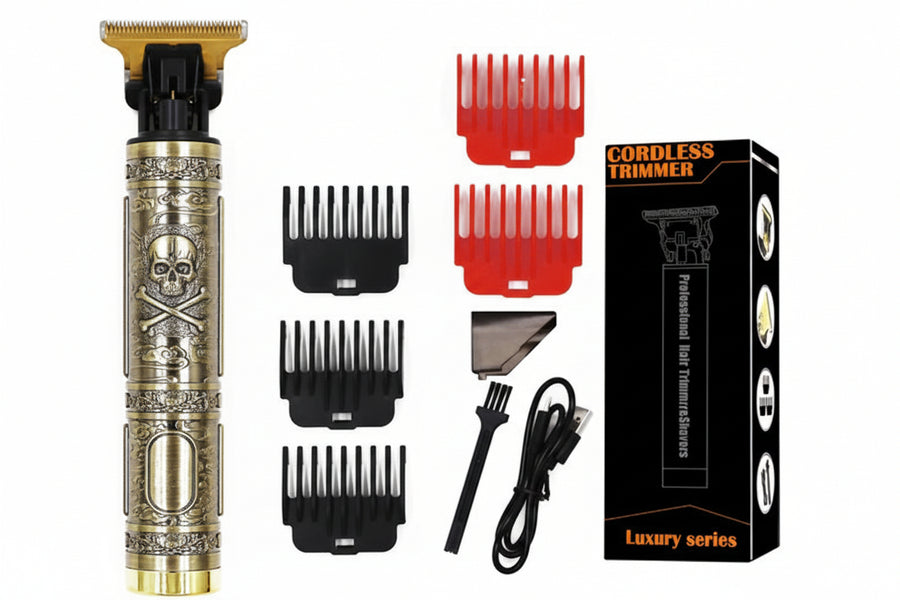 Hair trimmer set with attachments and packaging on a reflective surface