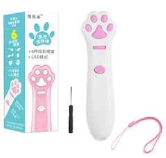 Pink and white paw-shaped device with a remote control and lanyard, next to its packaging on a white background.