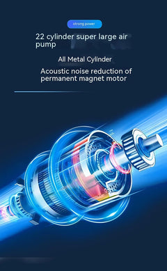 Illustration of a 22-cylinder super large air pump with technical details on a dark blue background.