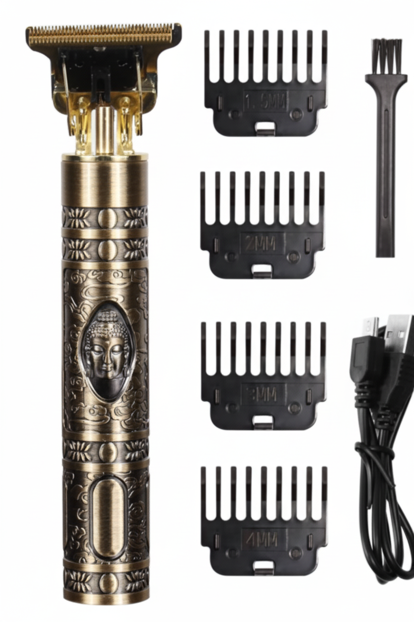 Hair trimmer set with attachments and charging cable on a white background