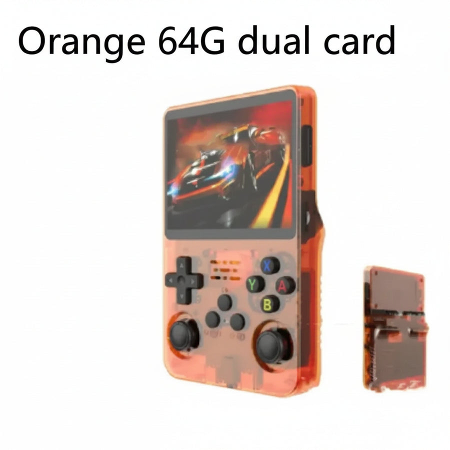Handheld gaming console with orange casing and 'Orange 64G dual card' text above it.
