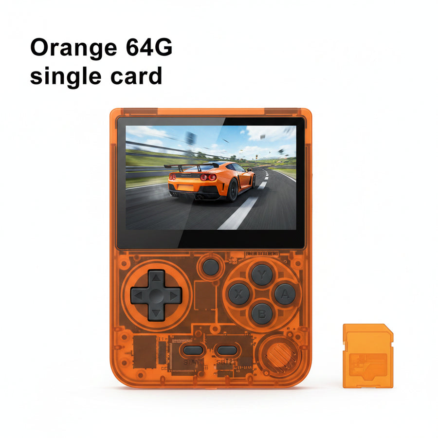 Handheld gaming console with 'Orange 64G single card' text on a white background