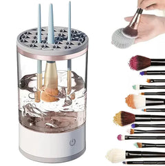 Makeup brush cleaner with brushes inside and a hand holding a brush above it, with additional brushes displayed on a white background.