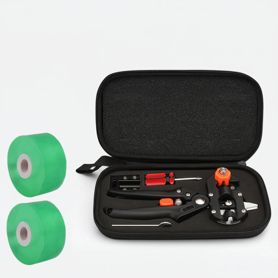 Gardening tool set with green tape and black case on a white background