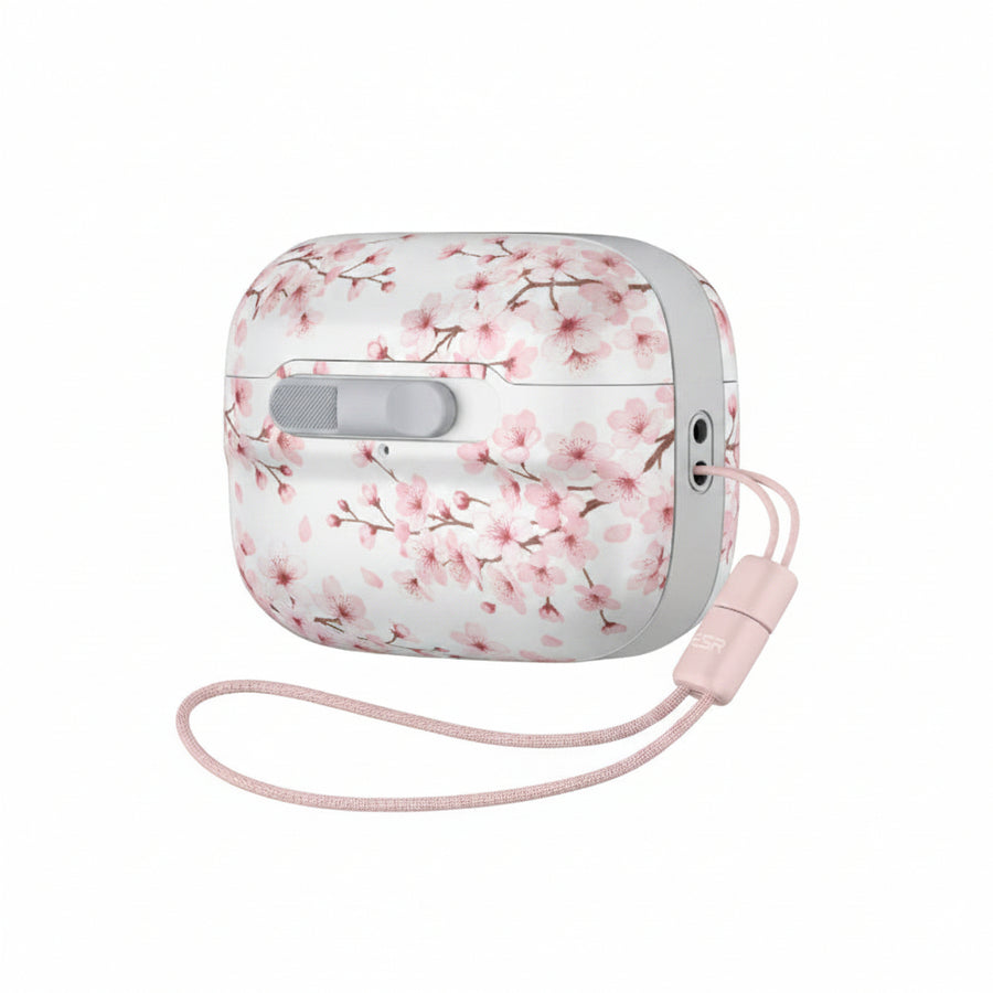 White wireless earbuds case with a lanyard on a white background