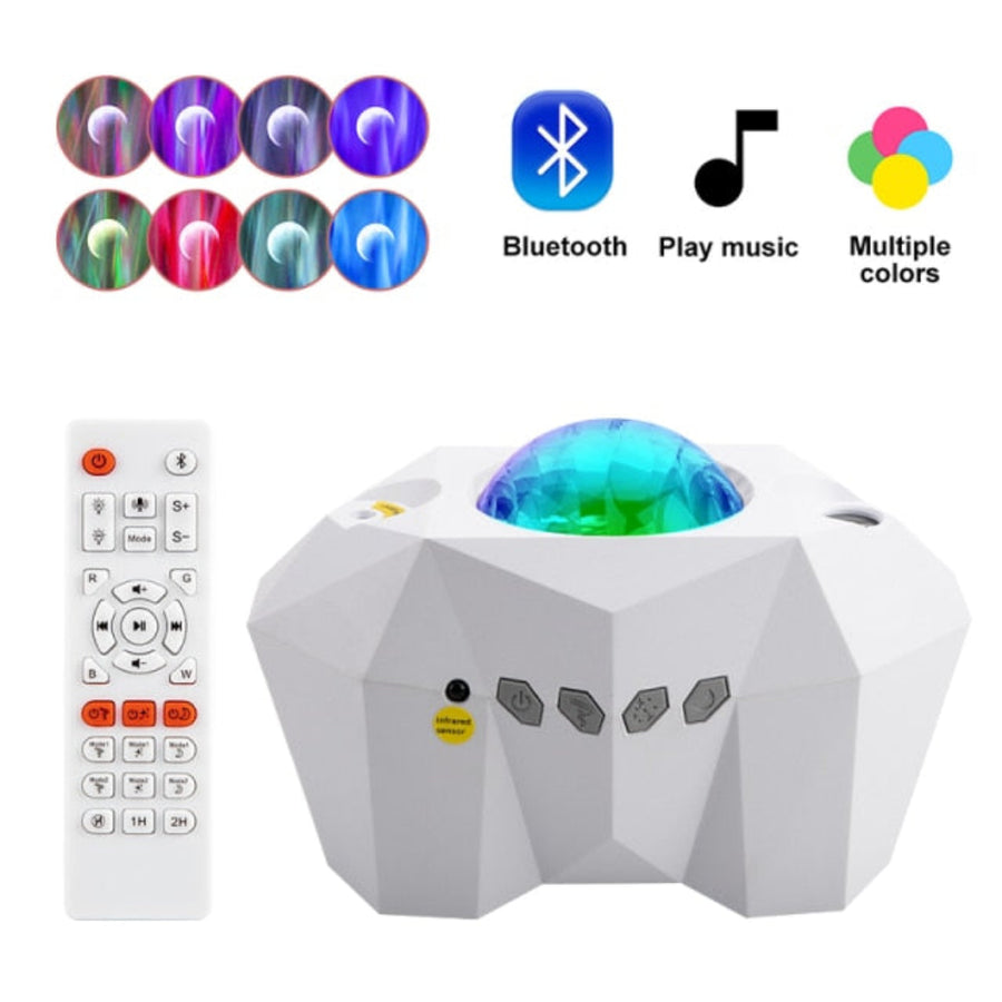 White geometric LED lamp with remote control, Bluetooth symbol, music notes, and color options on a white background.