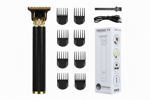 Hair trimmer set with attachments and packaging on a white background
